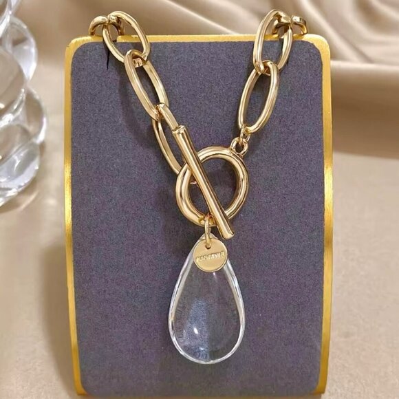 New Chunky Chain Necklace Cleat Crystal Pendant Toggle Clasp 18K Plated - Picture 9 of 9